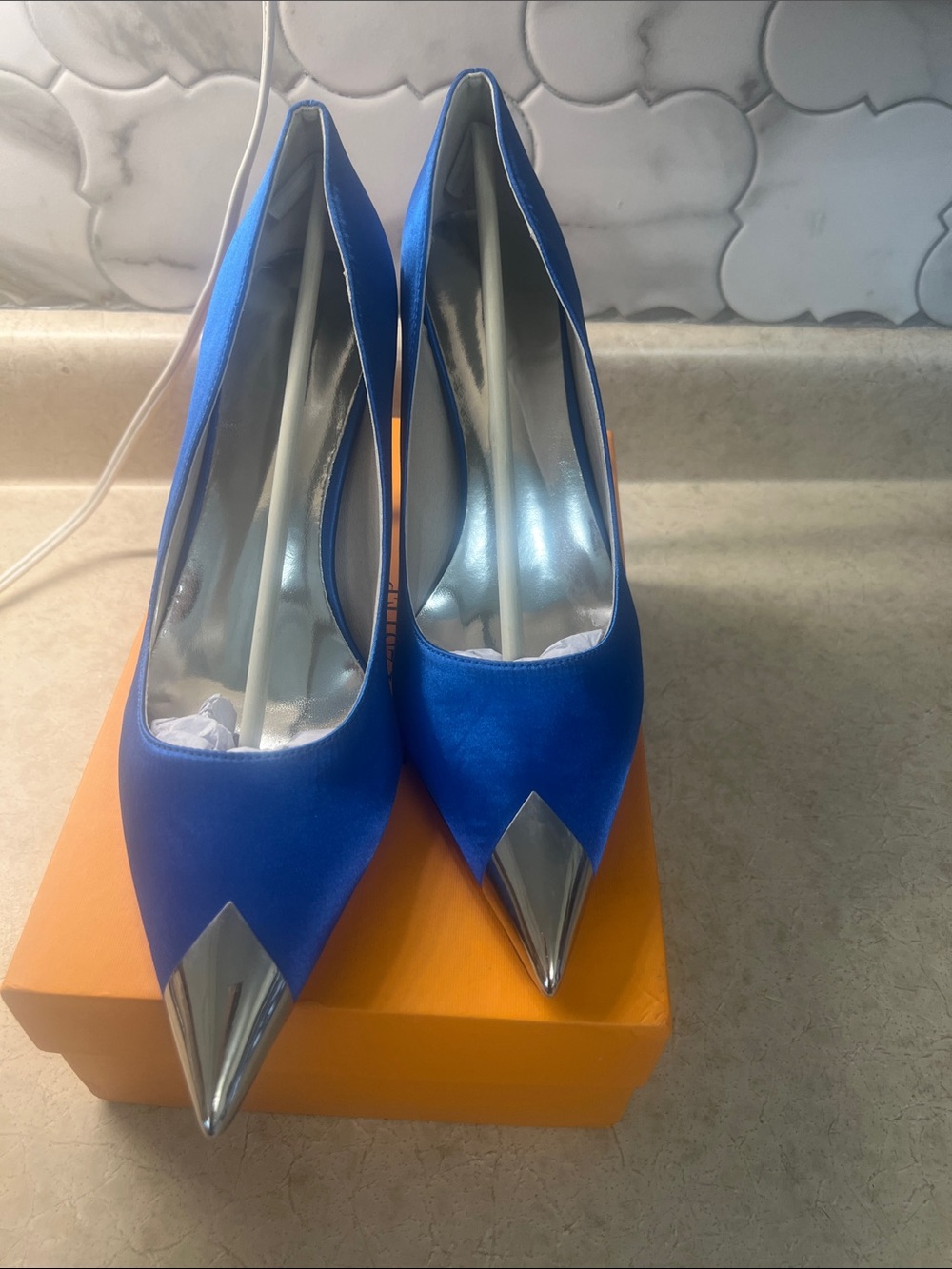 Electric Blue Pointed Toe Pumps with Silver Cap